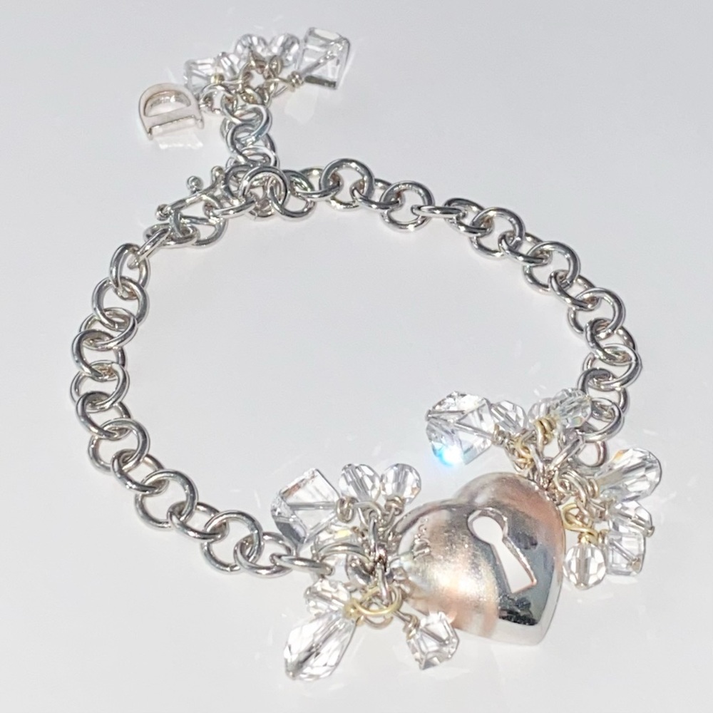 AUTH VTG Christian Dior Silver Chain Link Crystal Bead Heart Lock Charm Bracelet - Picture 4 of 13